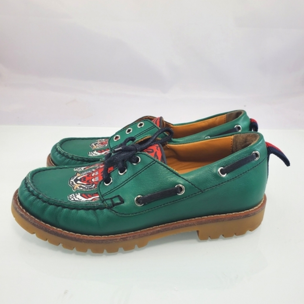 NWT$420 Gucci Boy's Green Leather Loafer w/ Red Animal Print Sz Gucci 30 US 12.5 - Picture 7 of 12